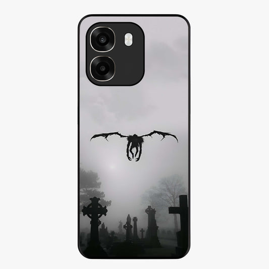 Graveyard Shadow Descent Glass Case showing flat back view with dark graveyard themed artwork and glossy glass finish.