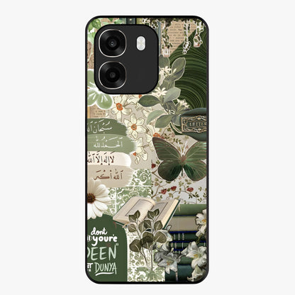 Green Islamic Books Quotes Glass Case showing flat back view with Islamic quotes and book themed artwork and glossy glass finish.