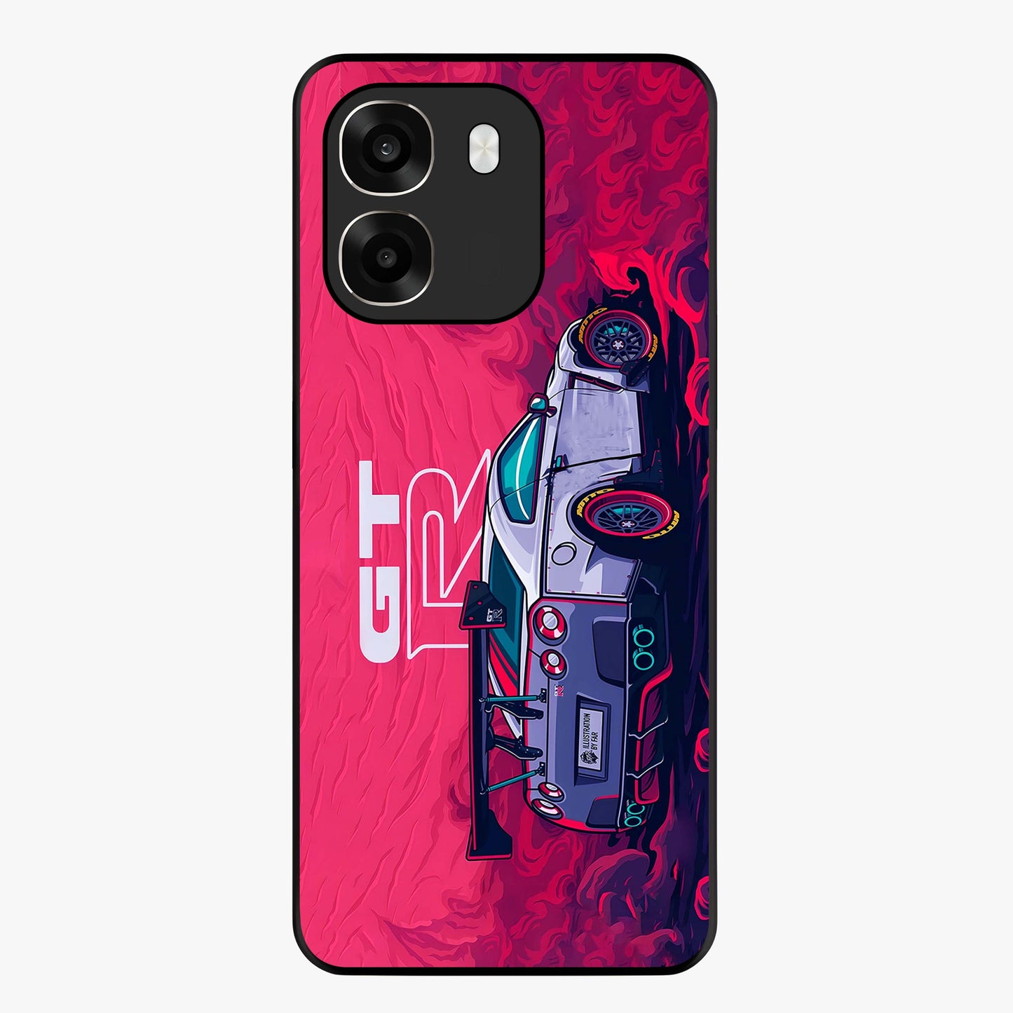 GT-R Car Pattern Glass Case showing flat back view with sporty car inspired pattern artwork and glossy glass finish.