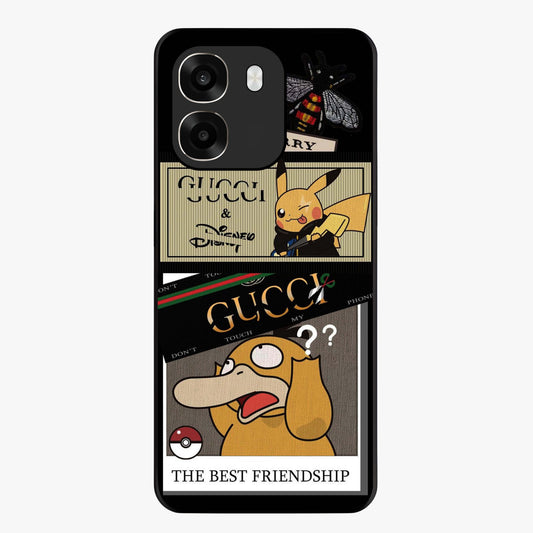 Gucci Play Mashup Glass Case showing flat back view with luxury inspired graphic artwork and glossy glass finish.