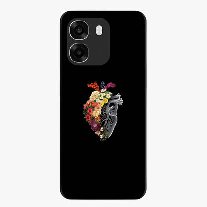 Heart With Flowers Glass Case showing flat back view with heart shaped floral artwork and glossy glass finish.