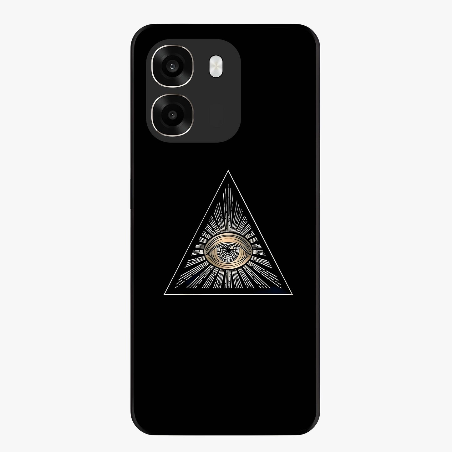 Illuminati Evil Glass Case showing flat back view with mysterious illuminati symbol artwork and glossy glass finish.