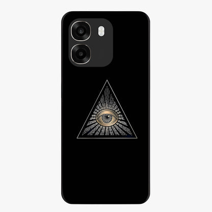 Illuminati Evil Glass Case showing flat back view with mysterious illuminati symbol artwork and glossy glass finish.