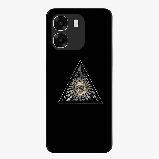 Illuminati Evil Glass Case showing flat back view with mysterious illuminati symbol artwork and glossy glass finish.