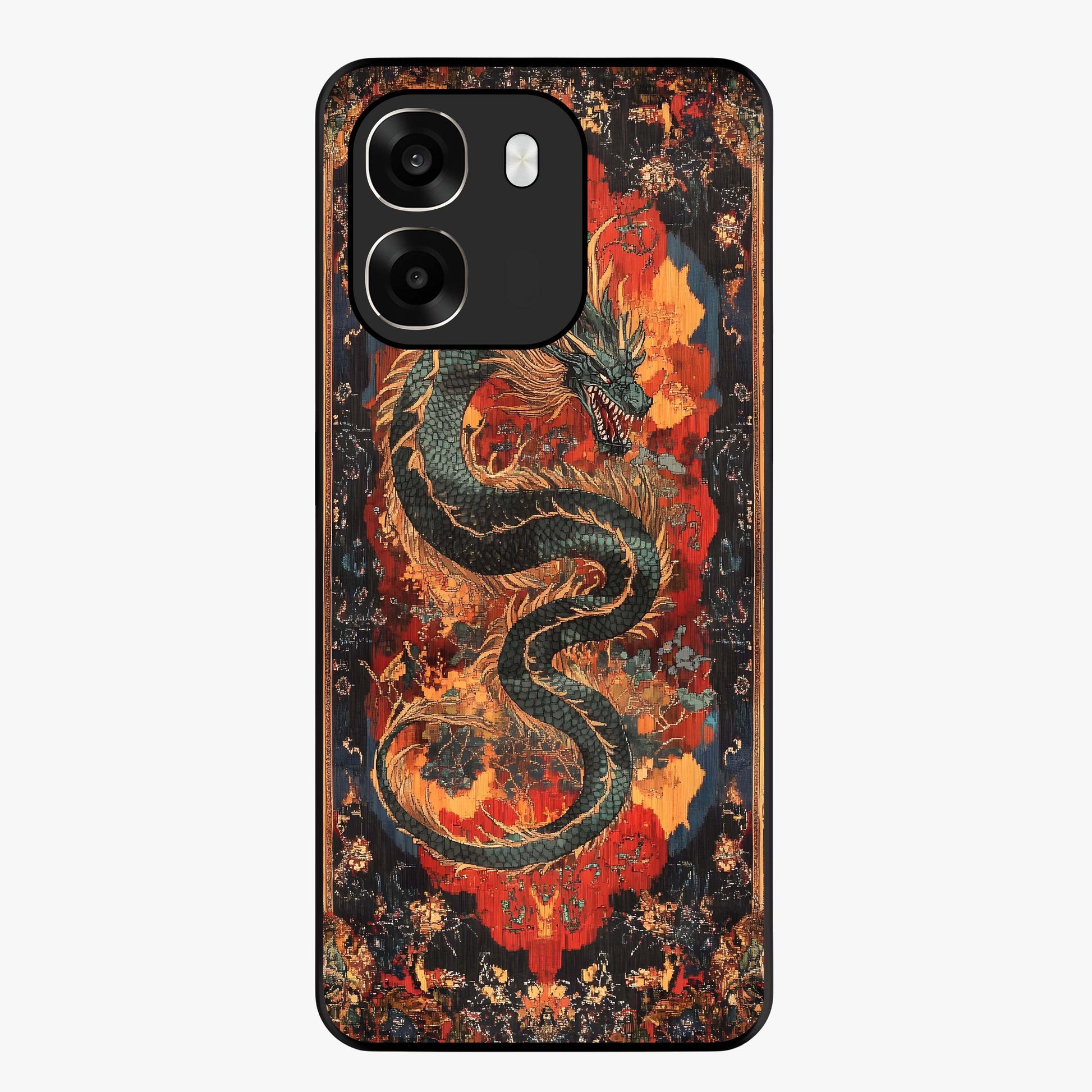 Inferno Dragon Soul Glass Case showing flat back view with fiery dragon artwork and glossy glass finish.