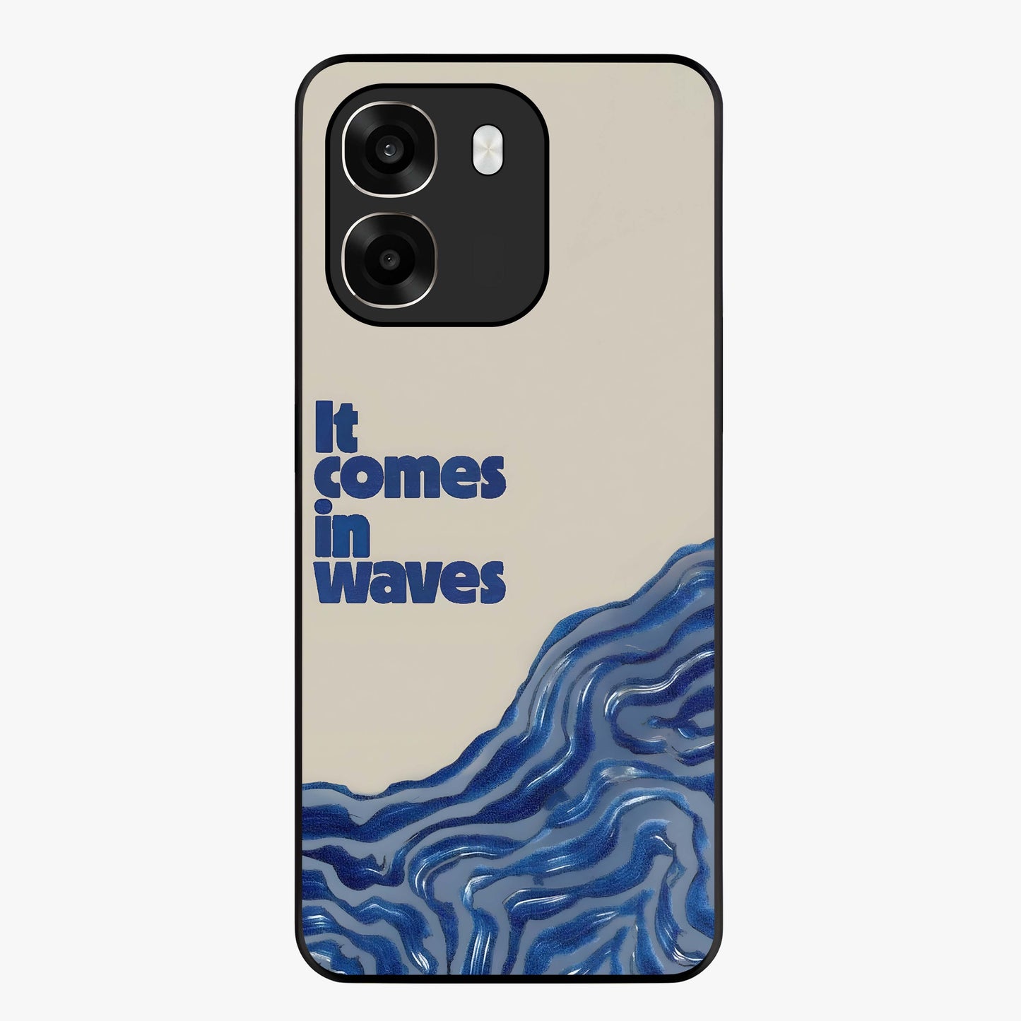 It Comes In Waves Quote Glass Case showing flat back view with inspirational wave themed quote artwork and glossy glass finish.