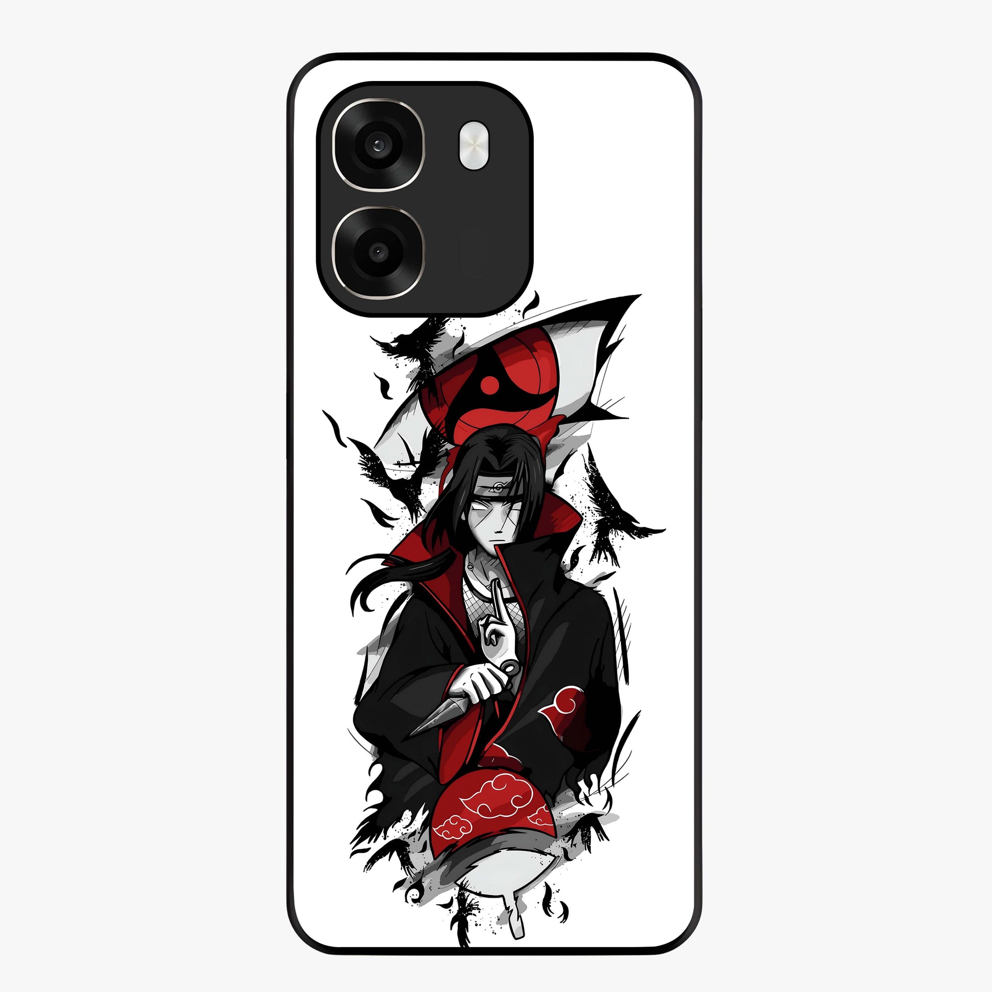 Itachi Sharingan Glass Case showing flat back view with powerful anime eye artwork and glossy glass finish.