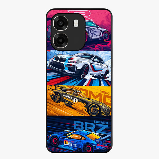 JDM Sports Car Glass Case showing flat back view with high performance sports car artwork and glossy glass finish.