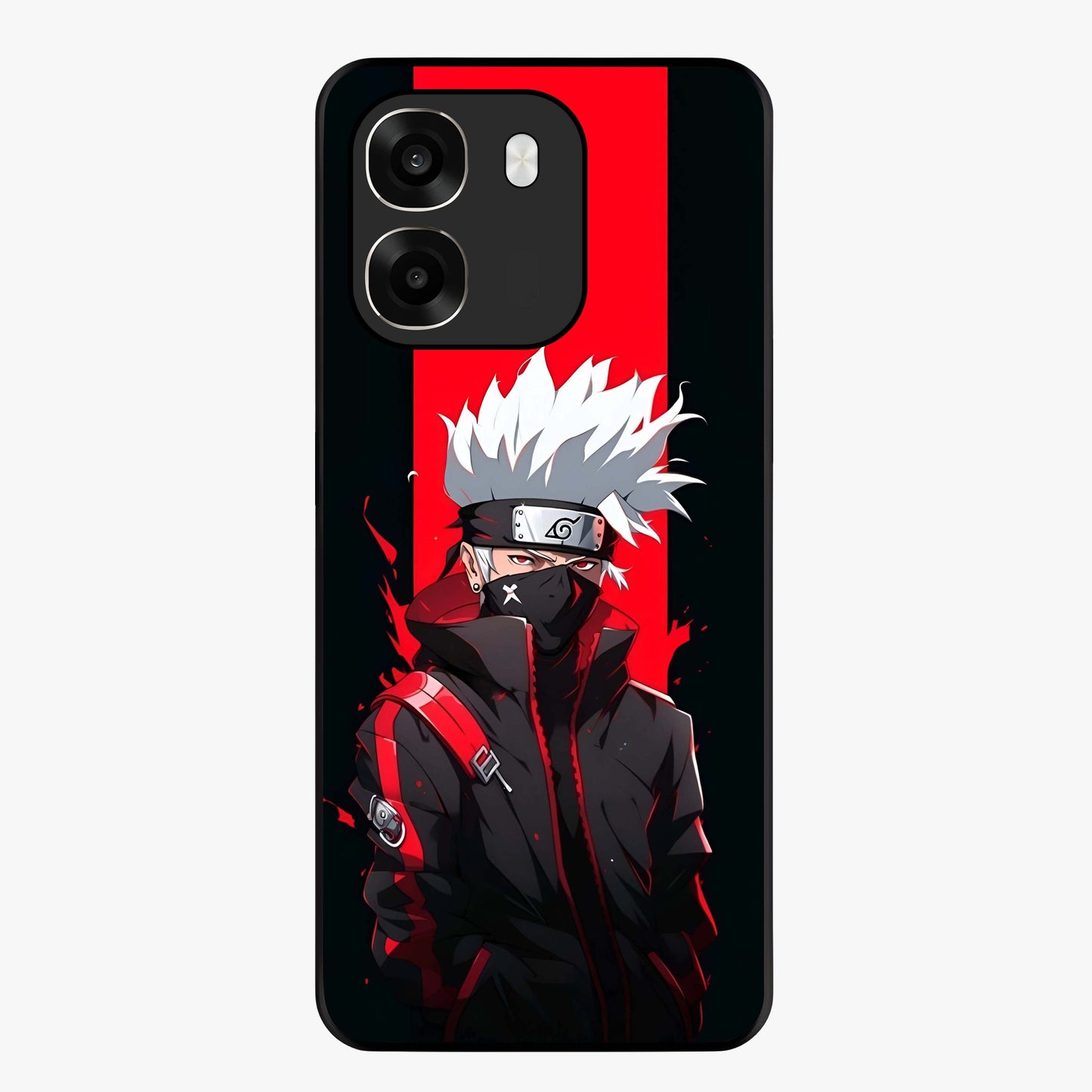 Kakashi Scarlet Shadow Glass Case showing flat back view with powerful anime ninja artwork and glossy glass finish.