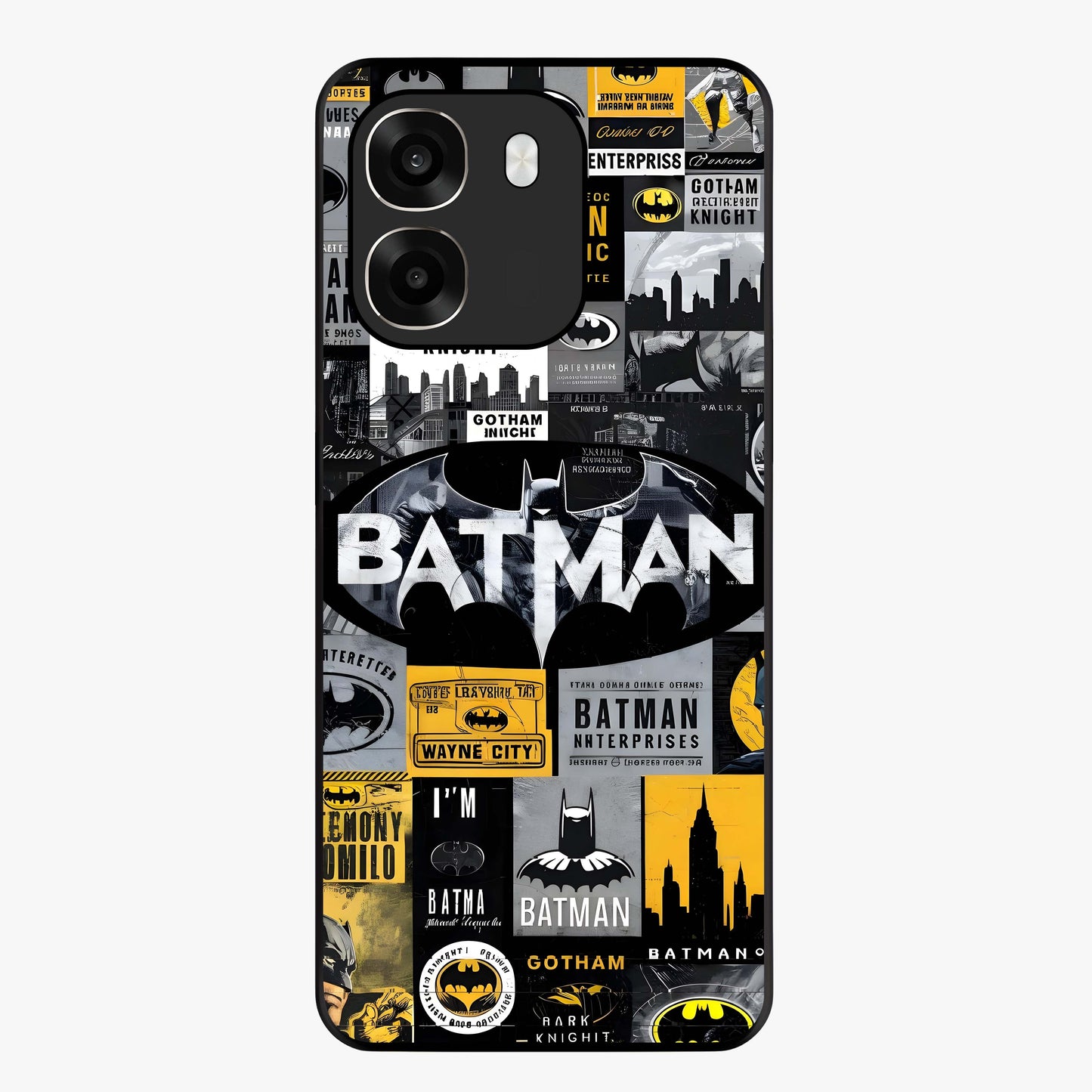 Knight Gotham Rise Glass Case showing flat back view with dark hero inspired artwork and glossy glass finish.