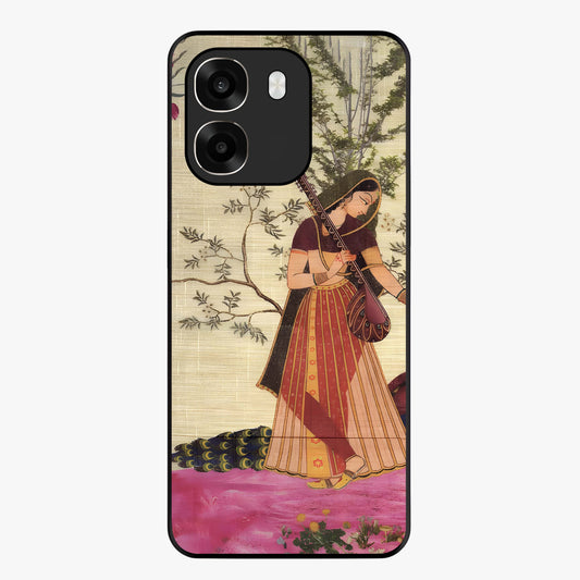 Lady With Veena Art Glass Case showing flat back view with elegant woman playing veena artwork and glossy glass finish.