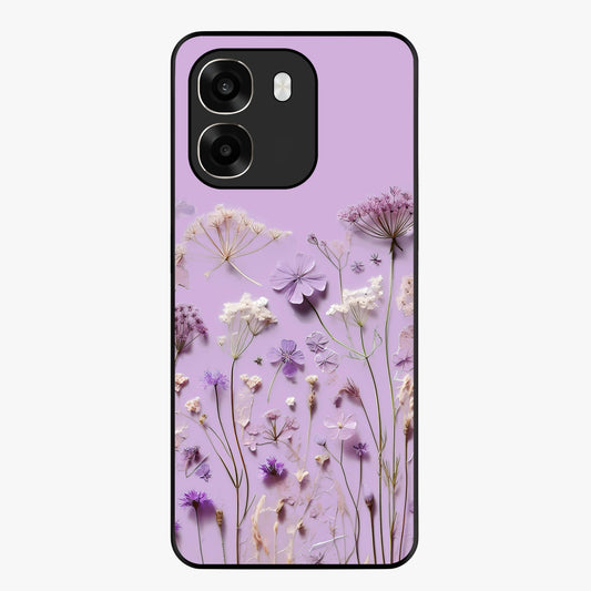 Lavender Blossom Dream Glass Case showing flat back view with soft lavender floral artwork and glossy glass finish.