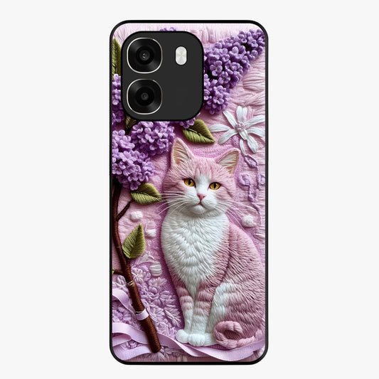 Lavender Cat Whimsy Glass Case showing flat back view with cute lavender cat artwork and glossy glass finish.