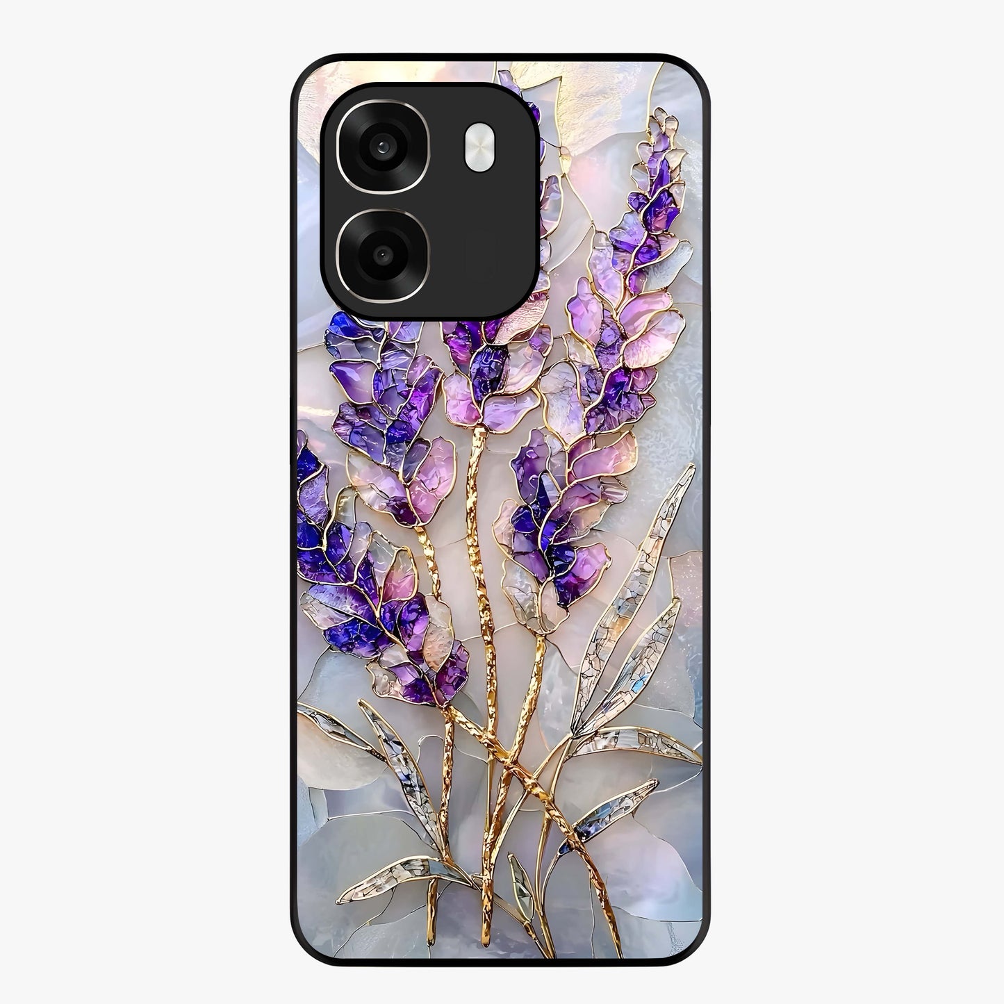 Lavender Dream Glow Glass Case showing flat back view with glowing lavender aesthetic artwork and glossy glass finish.