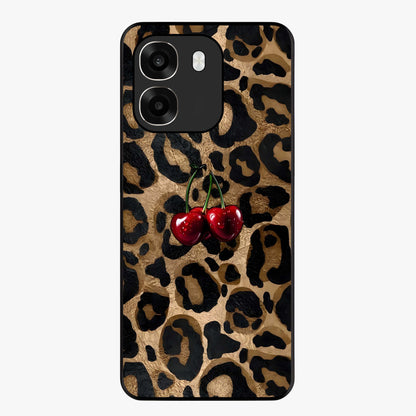 Leopard Wild Cherry Glass Case showing flat back view with leopard pattern and cherry artwork and glossy glass finish.