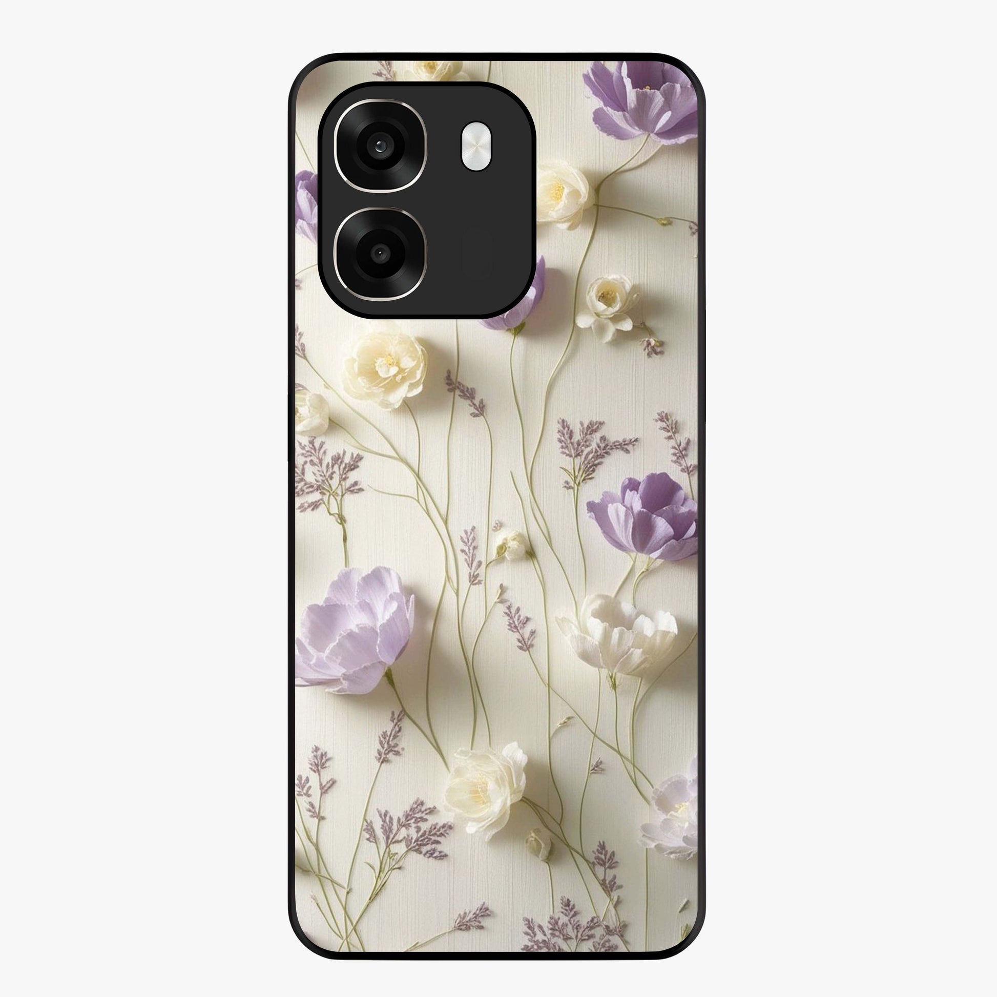 Lilac Breeze Harmony Glass Case showing flat back view with soft lilac themed artwork and glossy glass finish.