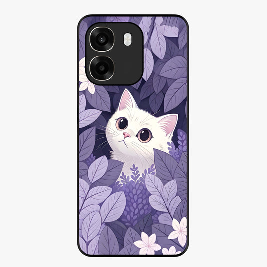 Lilac Hide Peek Cat Glass Case showing flat back view with cute peeking cat artwork and glossy glass finish.