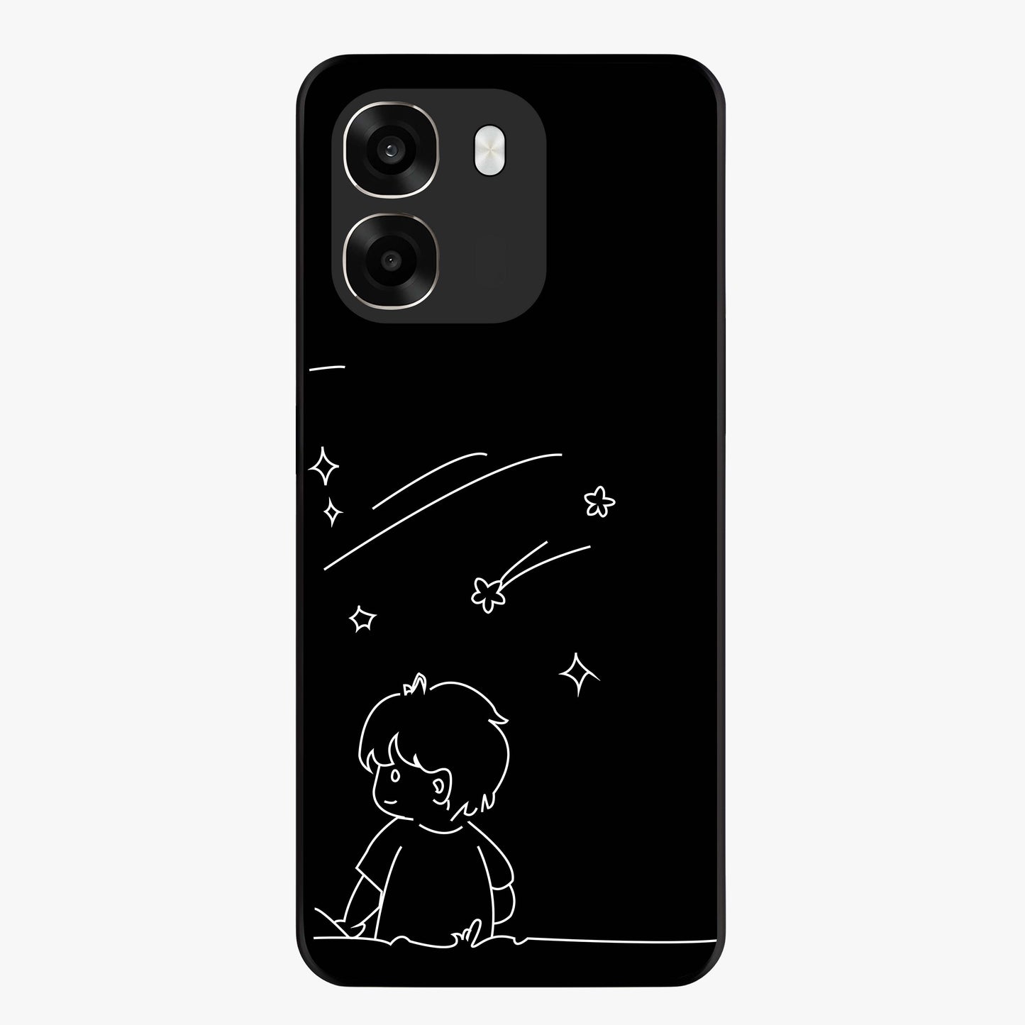 Line Art Boy With Shooting Stars Glass Case showing flat back view with minimal line art boy and shooting stars illustration and glossy glass finish.
