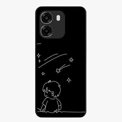 Line Art Boy With Shooting Stars Glass Case showing flat back view with minimal line art boy and shooting stars illustration and glossy glass finish.