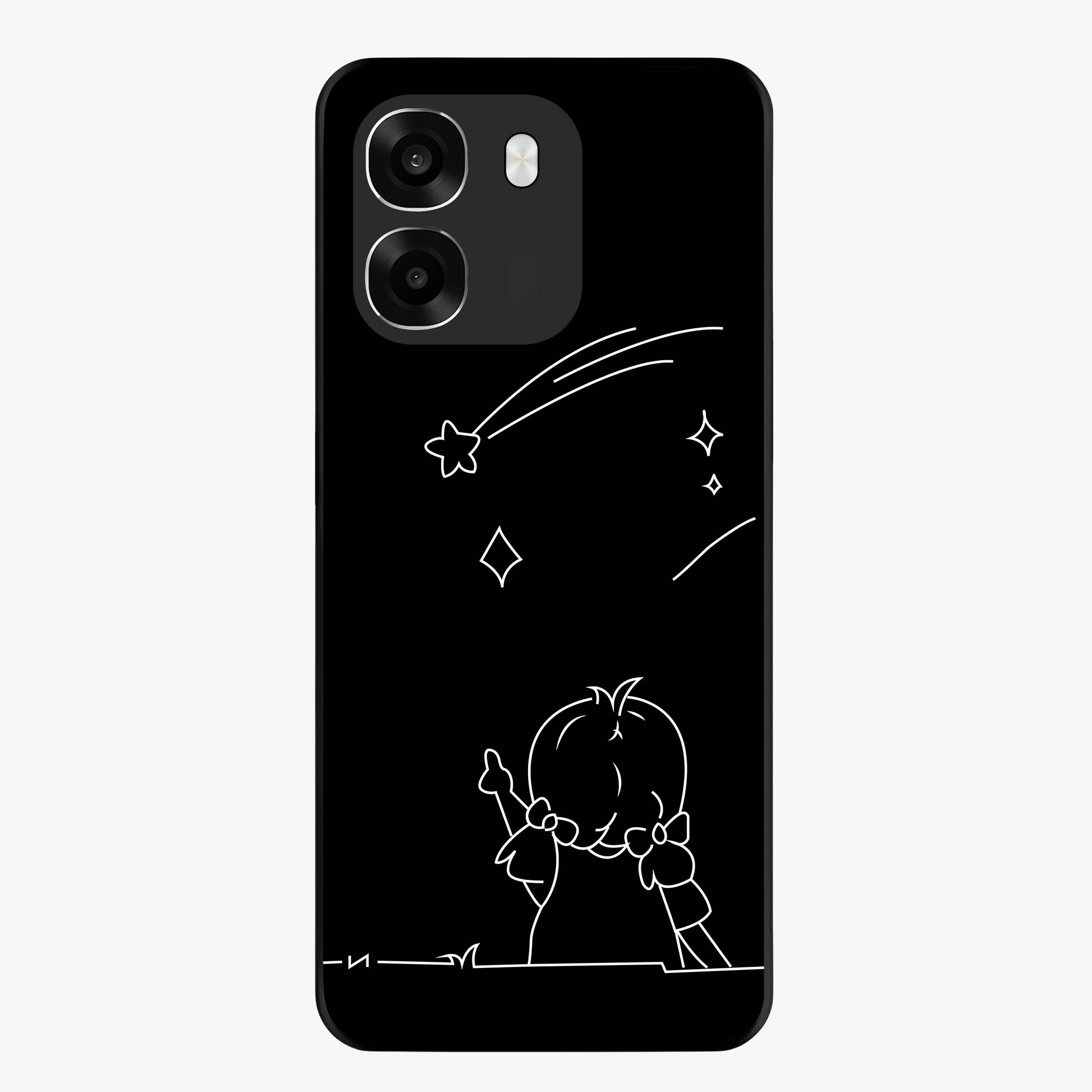 Line Art Girl With Shooting Stars Glass Case showing flat back view with minimal line art girl and shooting stars illustration and glossy glass finish.