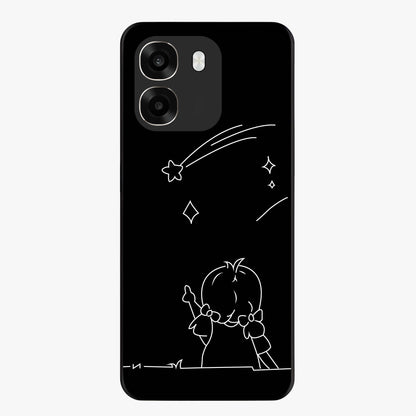 Line Art Girl With Shooting Stars Glass Case showing flat back view with minimal line art girl and shooting stars illustration and glossy glass finish.