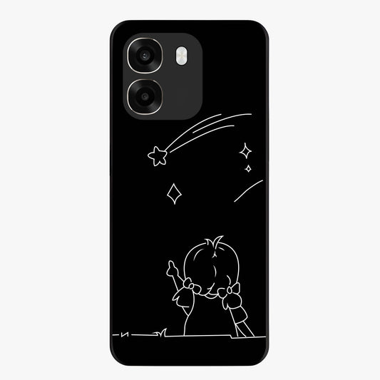 Line Art Girl With Shooting Stars Glass Case showing flat back view with minimal line art girl and shooting stars illustration and glossy glass finish.