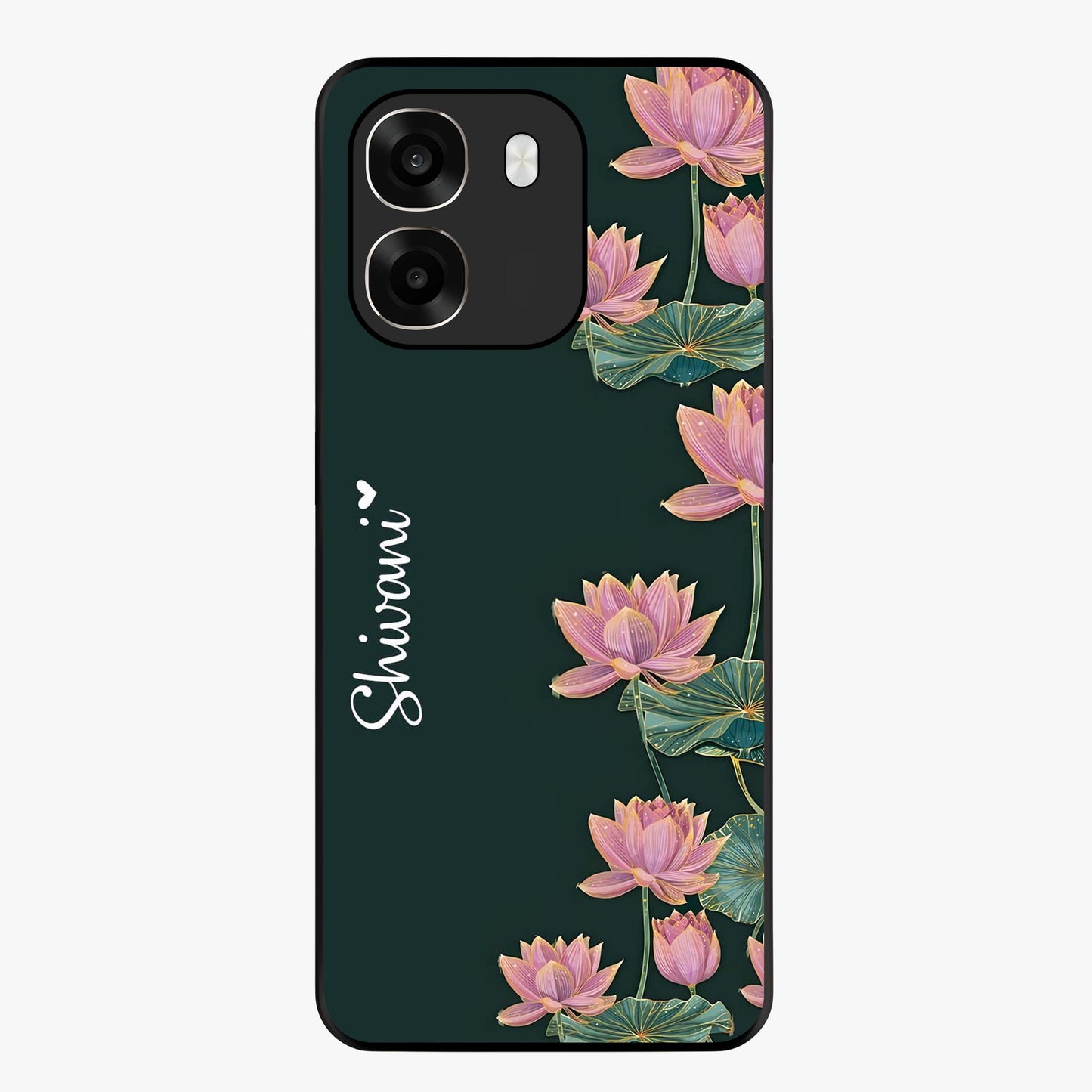 Lotus Bloom Serenity Custom Name Glass Case showing flat back view with elegant lotus flower artwork and personalized name design.