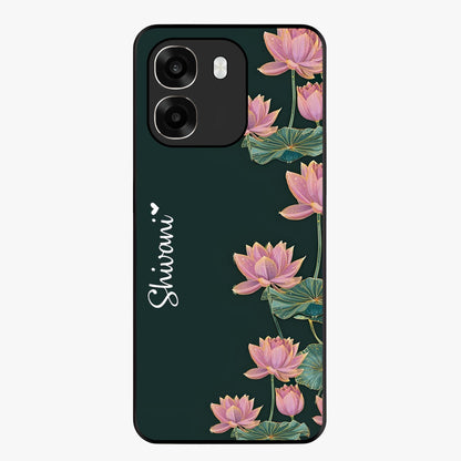 Lotus Bloom Serenity Custom Name Glass Case showing flat back view with elegant lotus flower artwork and personalized name design.