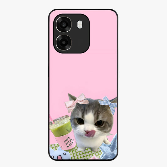 Love Matcha Cat Glass Case showing flat back view with cute cat and matcha themed artwork and glossy glass finish.