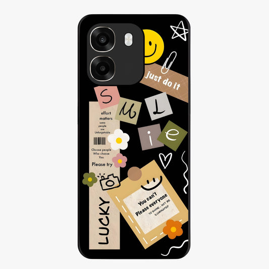 Lucky Aesthetic Collage Glass Case showing flat back view with trendy aesthetic collage artwork and glossy glass finish.