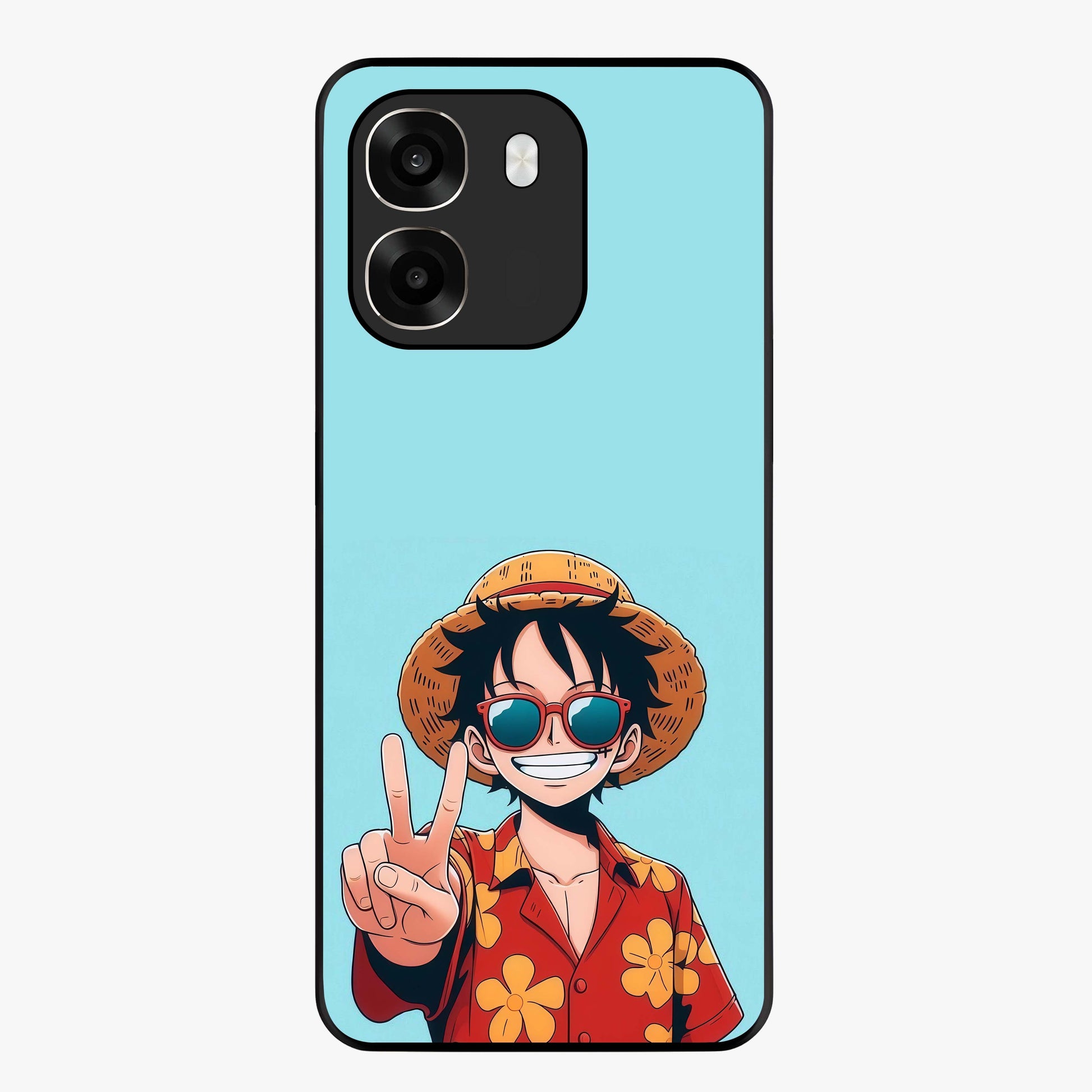 Luffy Summer Anime Vibe Glass Case showing flat back view with vibrant anime character artwork and glossy glass finish.