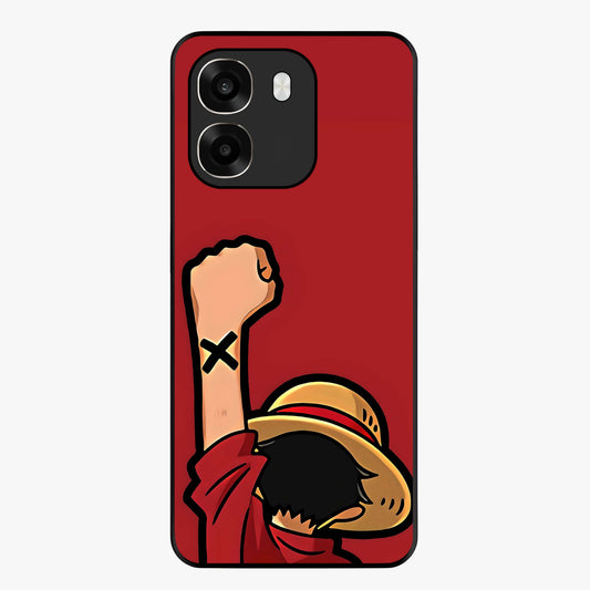 Luffy X Spirit Glass Case showing flat back view with bold anime character artwork and glossy glass finish.