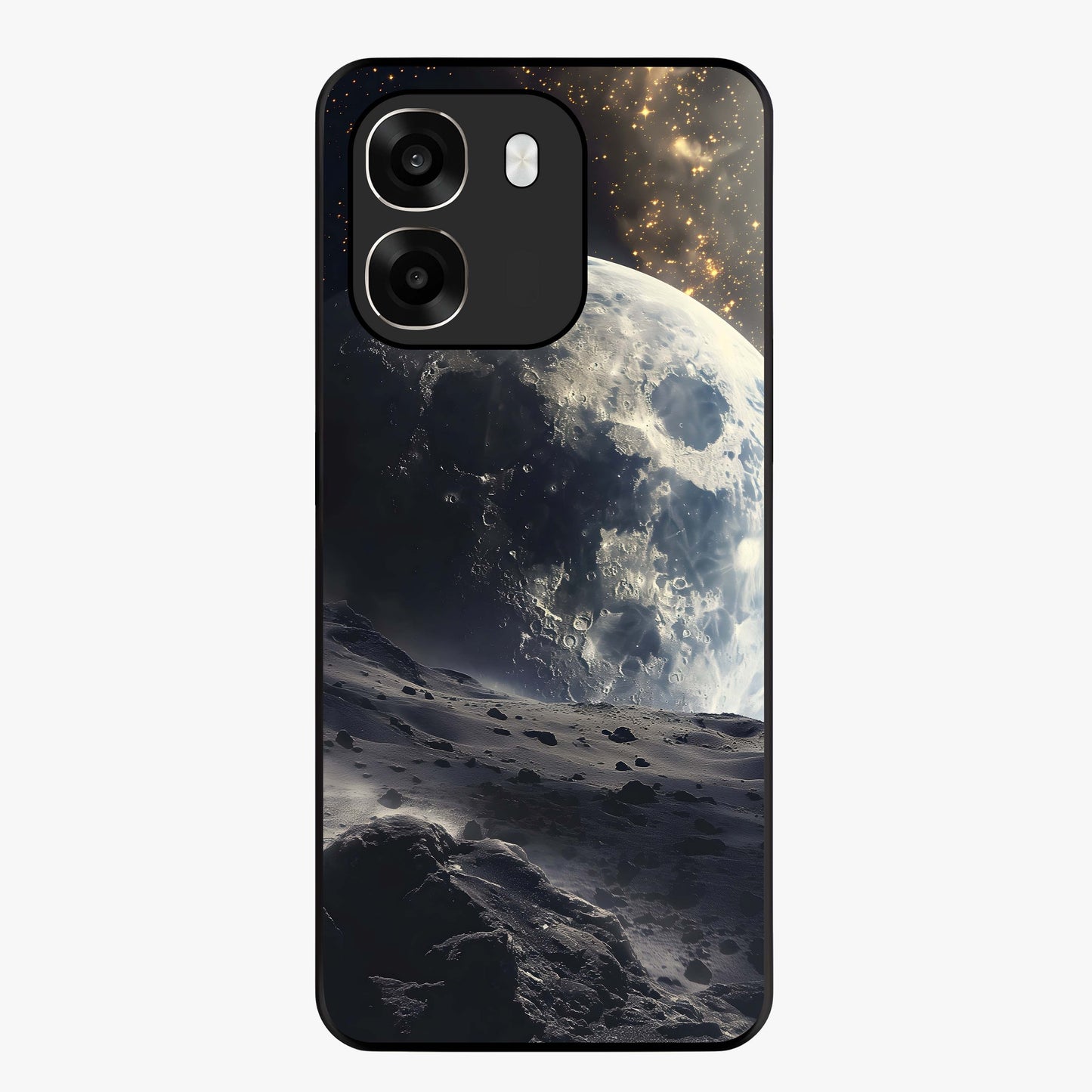 Lunar Horizon Glow Glass Case showing flat back view with glowing moon horizon artwork and glossy glass finish.