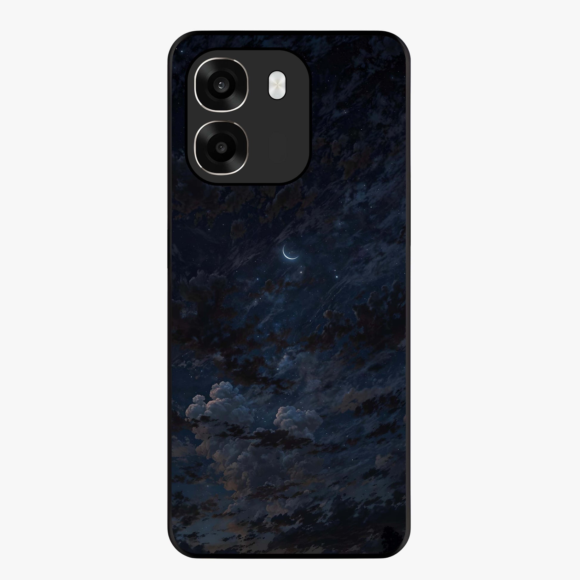Lunar Veil Silence Glass Case showing flat back view with mystical moon veil artwork and glossy glass finish.