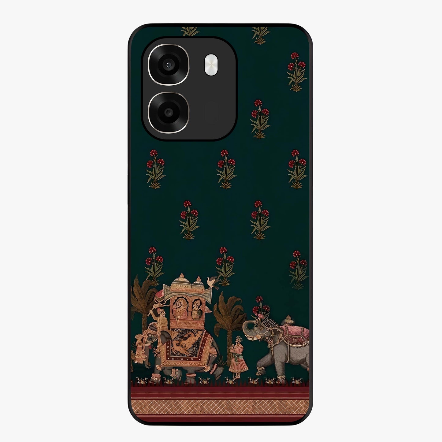 Macmerise Glass Case showing flat back view with stylish modern artwork and glossy glass finish.