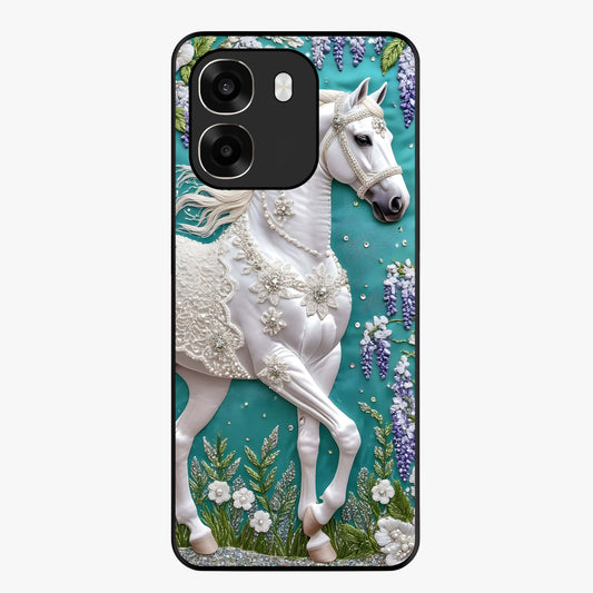 Majestic Floral Stallion Glass Case showing flat back view with powerful horse and floral artwork and glossy glass finish.