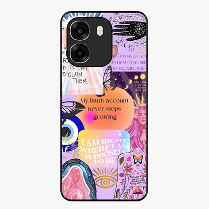 Manifestation Collage Glass Case showing flat back view with motivational collage artwork and glossy glass finish.