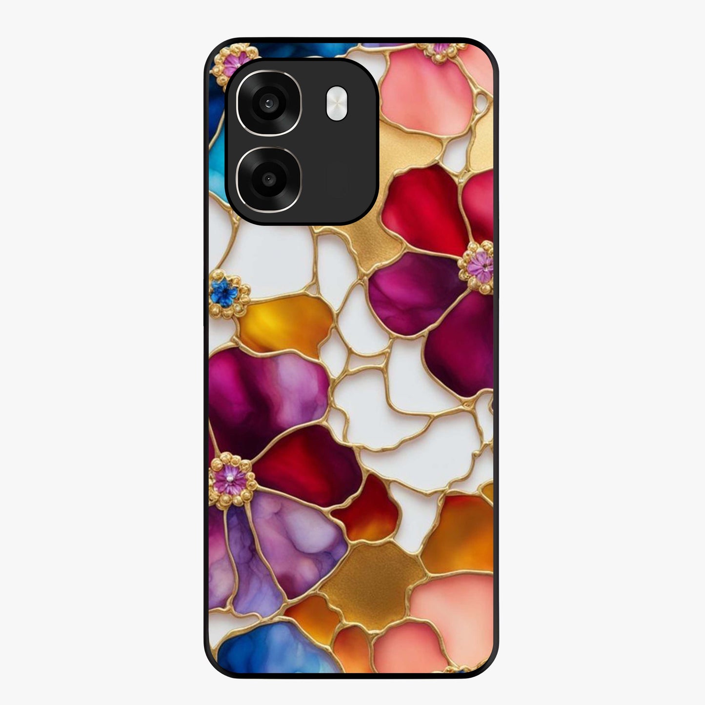 Marble Flower Pattern Glass Case showing flat back view with marble texture floral artwork and glossy glass finish.