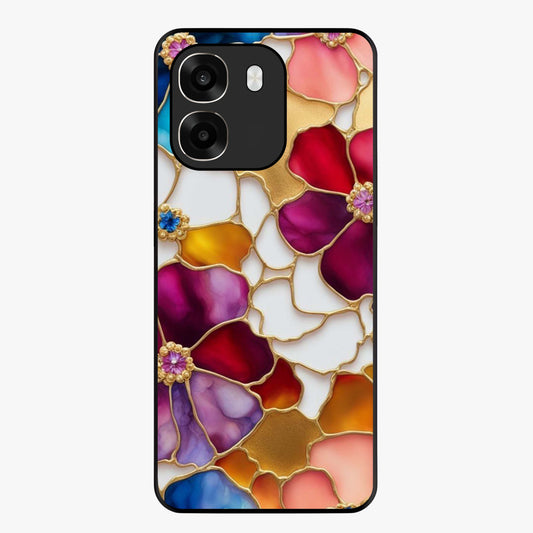 Marble Flower Pattern Glass Case showing flat back view with marble texture floral artwork and glossy glass finish.
