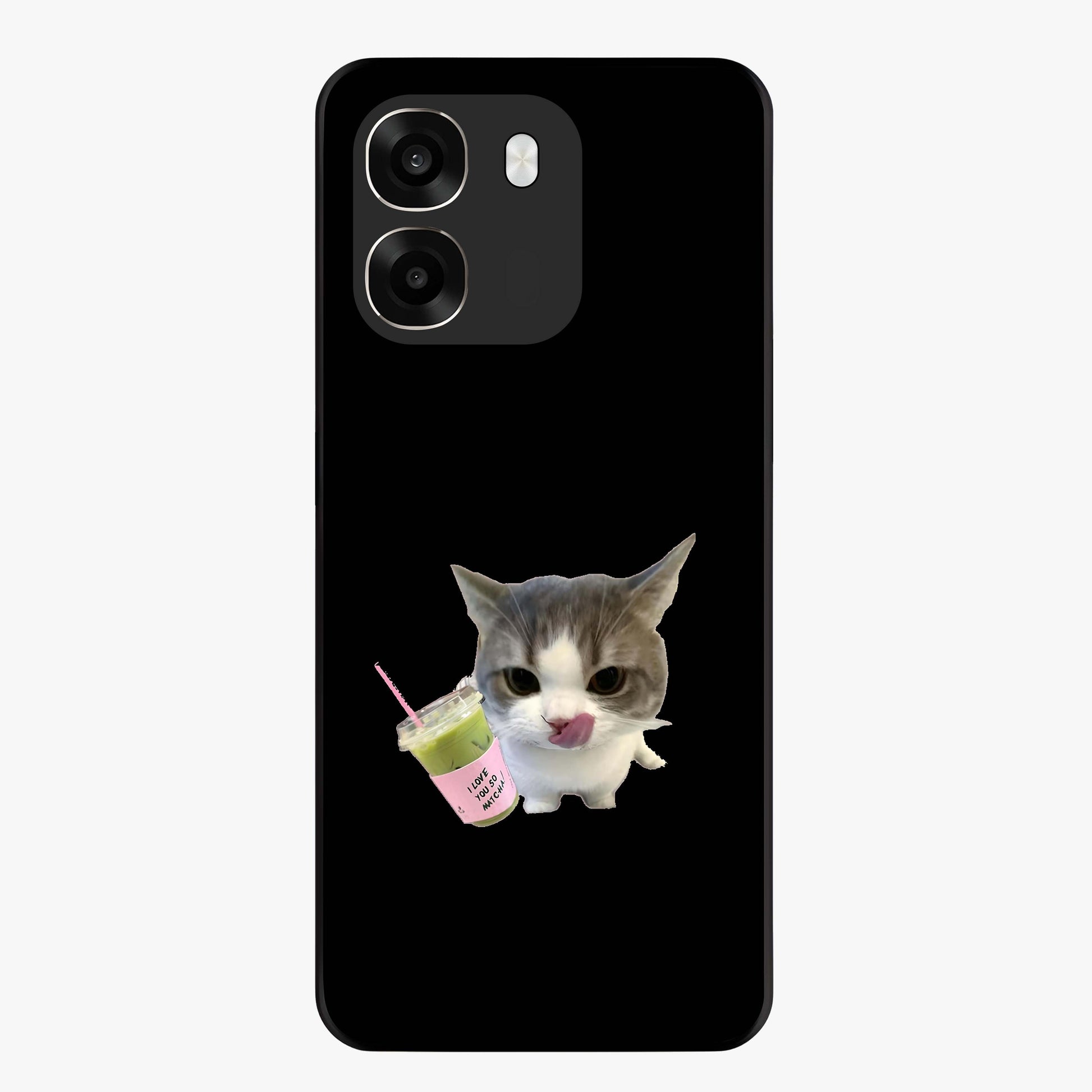 Matcha Cat Style Glass Case showing flat back view with cute matcha themed cat artwork and glossy glass finish.