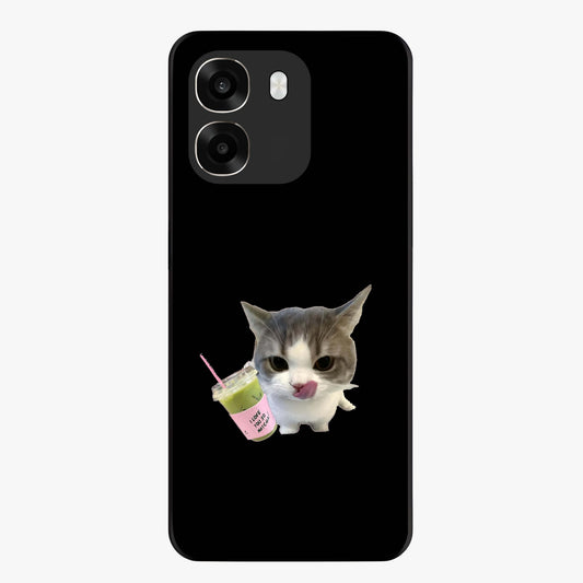 Matcha Cat Style Glass Case showing flat back view with cute matcha themed cat artwork and glossy glass finish.