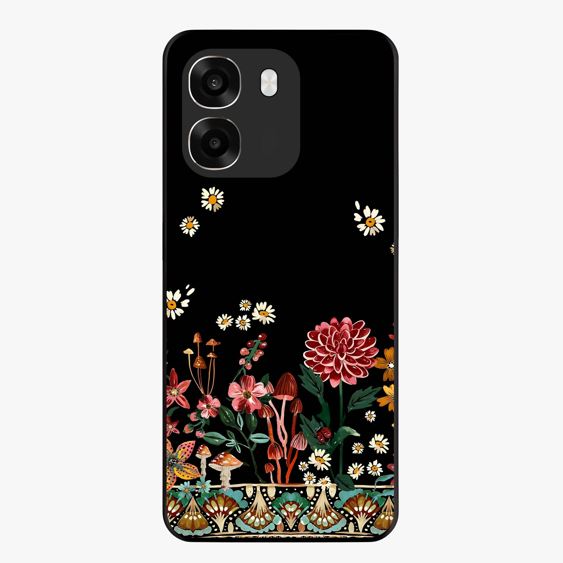Midnight Bloom Pattern Glass Case showing flat back view with dark floral pattern artwork and glossy glass finish.