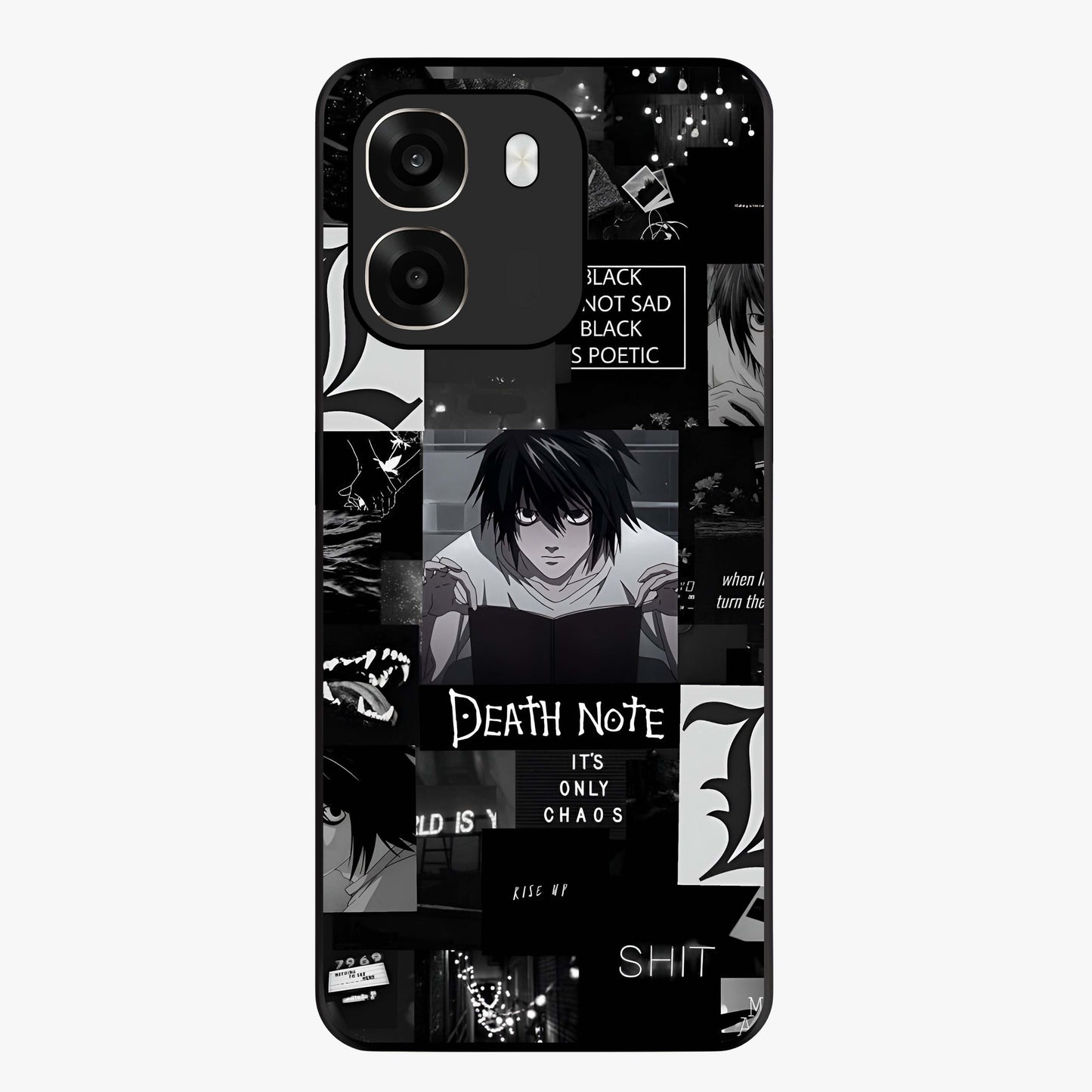 Midnight Chaos Mind Glass Case showing flat back view with abstract dark themed artwork and glossy glass finish.