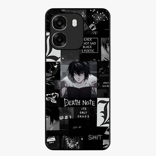 Midnight Chaos Mind Glass Case showing flat back view with abstract dark themed artwork and glossy glass finish.