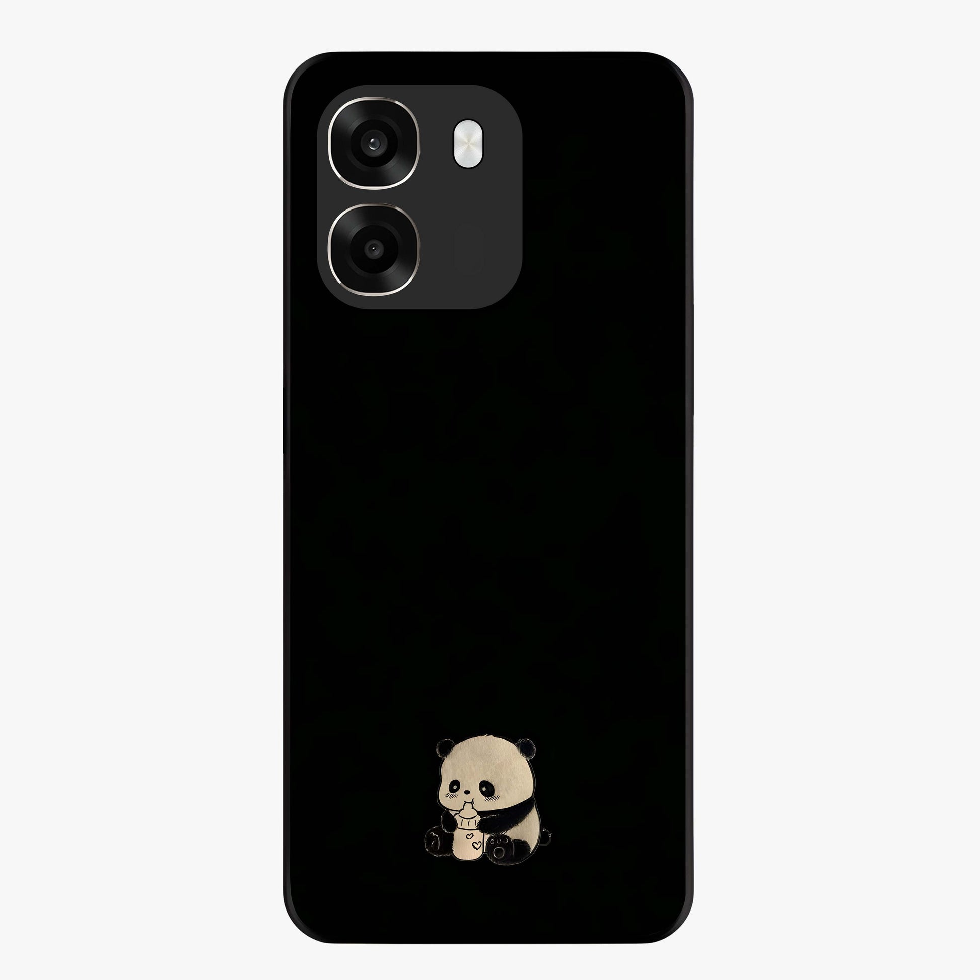 Midnight Panda Love Glass Case showing flat back view with cute panda themed artwork and glossy glass finish.