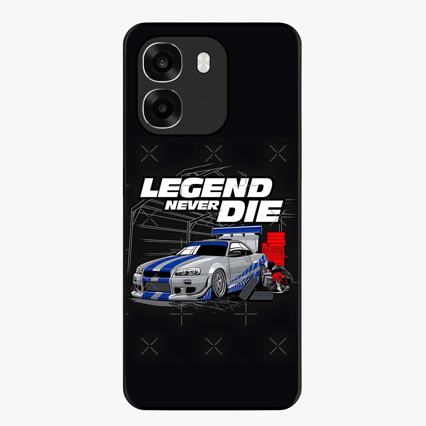 Midnight Racing Legacy Glass Case showing flat back view with sleek racing inspired artwork and glossy glass finish.