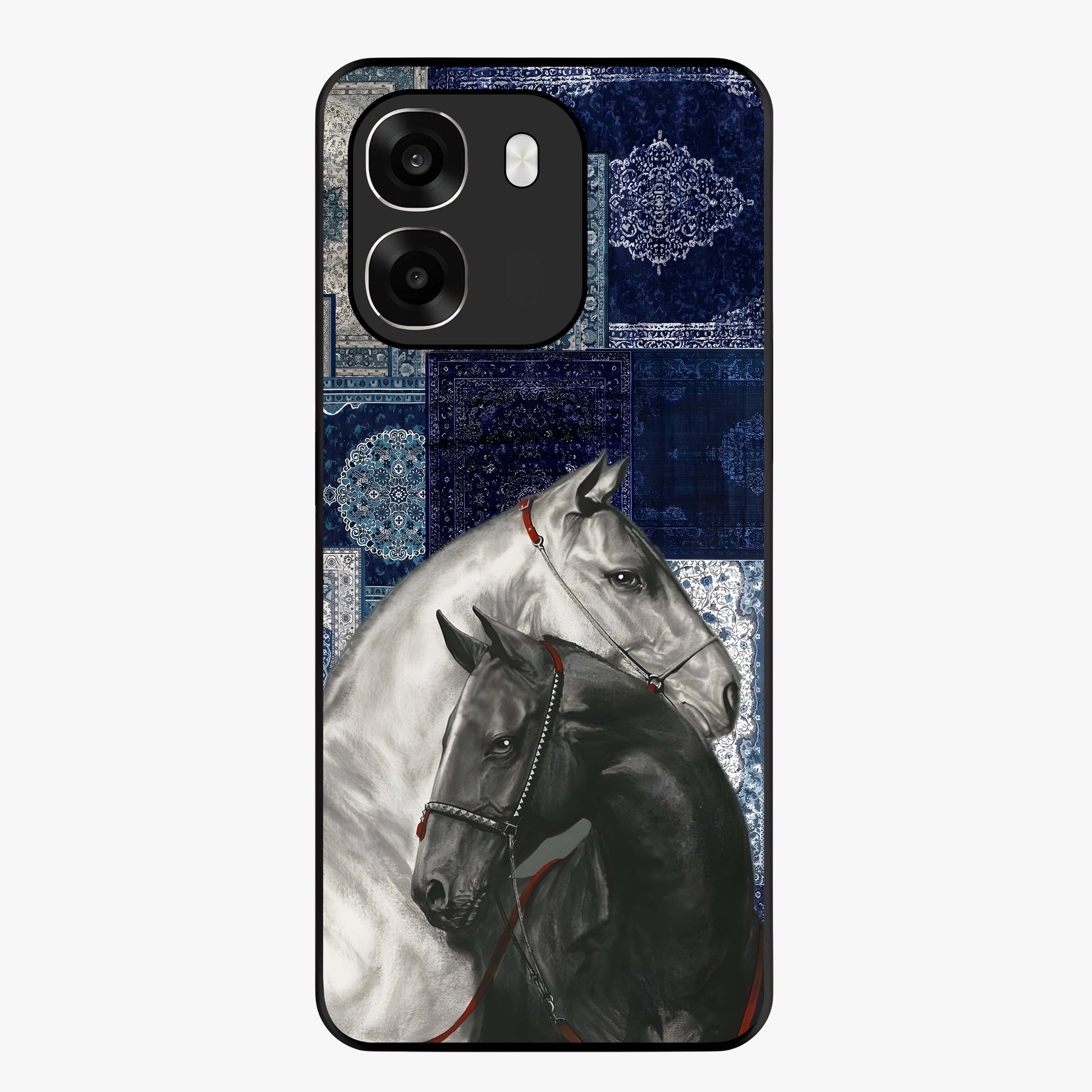 Midnight Stallion Blues Glass Case showing flat back view with majestic horse artwork and glossy glass finish.