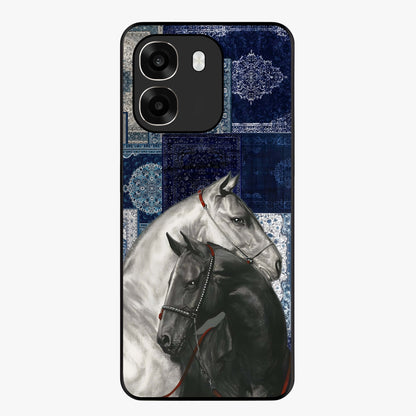 Midnight Stallion Blues Glass Case showing flat back view with majestic horse artwork and glossy glass finish.