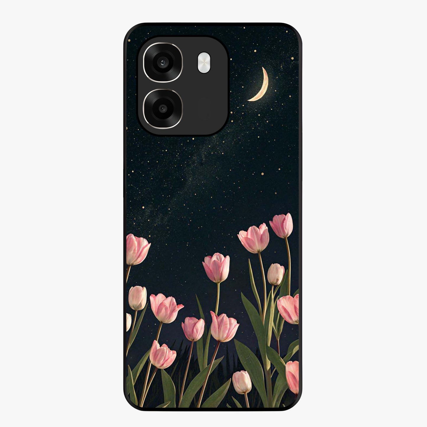 Midnight Tulip Whispers Vibe Glass Case showing flat back view with elegant tulip flower artwork and glossy glass finish.