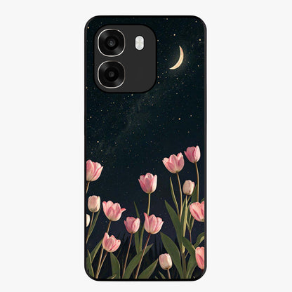 Midnight Tulip Whispers Vibe Glass Case showing flat back view with elegant tulip flower artwork and glossy glass finish.